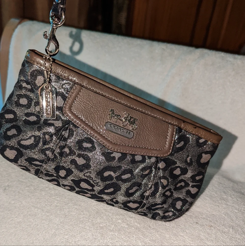 Coach Madison Ocelot gray metallic black leopard wristlet.